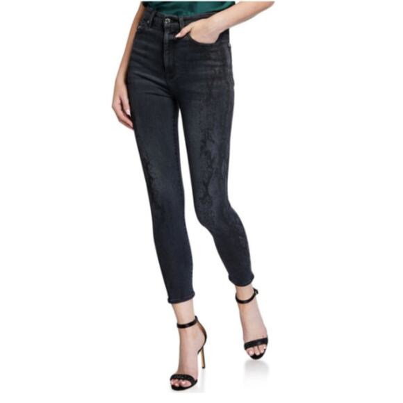 7 For All Mankind Aubrey High Rise Snake Print Skinny Jeans in Coal - Picture 1 of 8
